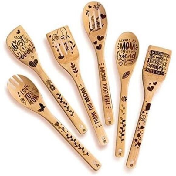 6Pcs Mothers Day Gifts For Moms, Wife Bamboo Wooden Spoon for Cooking - Picture 2 of 6